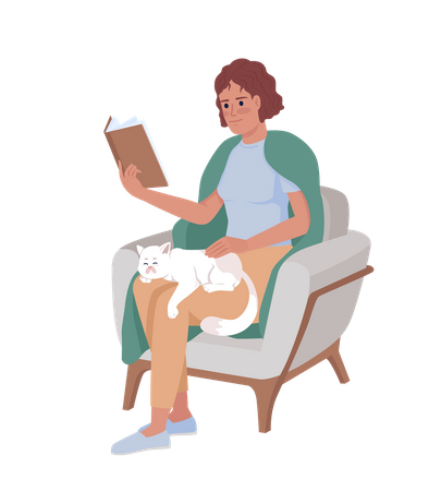 Couvert d'une couverture femme lisant un livre et un chat caressant  Illustration