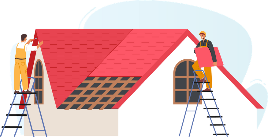 Couvreurs appliquant le toit de la maison  Illustration