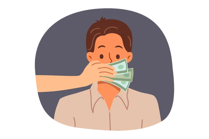 Cover Man Mouth With Hands Bribing Person For Silence Or Stopping Disclosure Of Secret Information Censorship And Use Of Money To Restrict Freedom Of Speech And Violate Principles Of Democracy Illustration