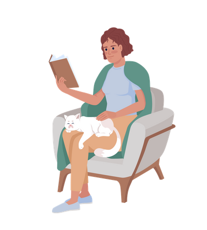 Covered in blanket woman reading book and petting cat  Illustration