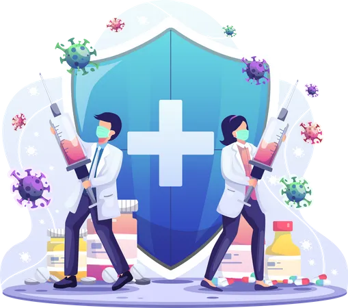Doctors With Injections Are Fighting Against The Covid 19 Coronavirus Vaccination Concept With Giant Shield Flat Vector Illustration Illustration