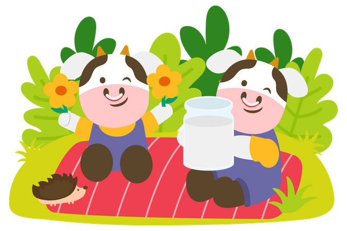 Cow couple picnic in park  Illustration
