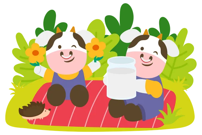 Cow Couple Picnic In Park They Are Enjoy With Flower Animal Cartoon Character Vector Illustration Illustration