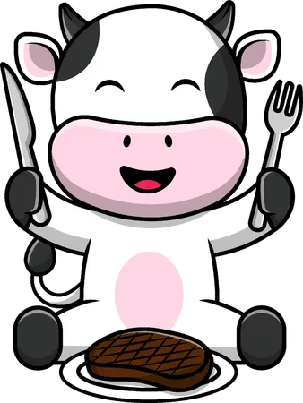 Cow Eating Steak Meat With Fork And Knife  Illustration