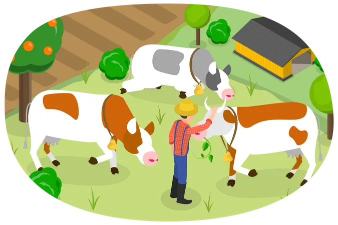 3 D Isometric Flat Vector Conceptual Illustration Of Cow Farm Rural Summer Landscape Illustration