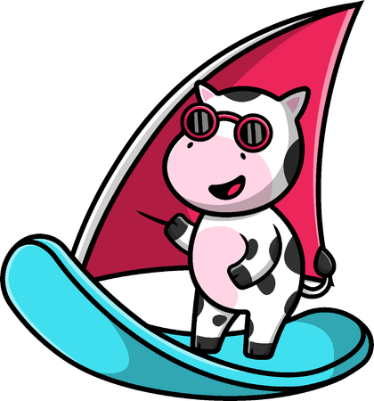 Cow Playing Windsurfing  Illustration