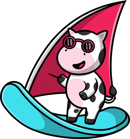 Cow Playing Windsurfing  Illustration