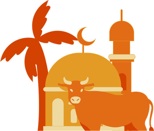 Cow with mosque and tree  Illustration
