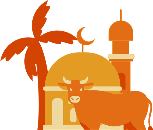 Cow with mosque and tree  Illustration