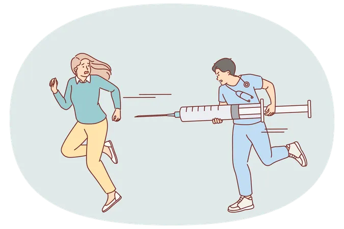 Cowardly woman suffers from Vaccinophobia and runs away from doctor with large syringe  Illustration