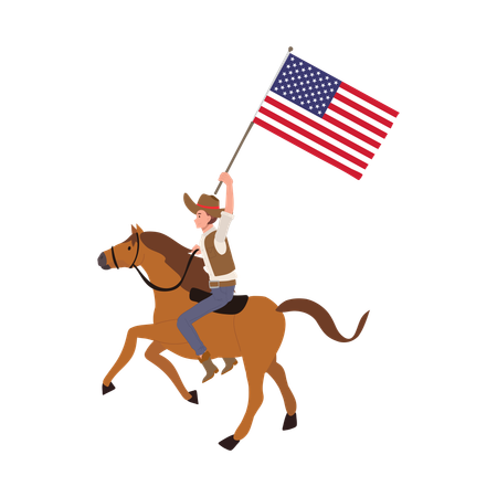 Cowboy a cavalo segurando a bandeira americana  Ilustração