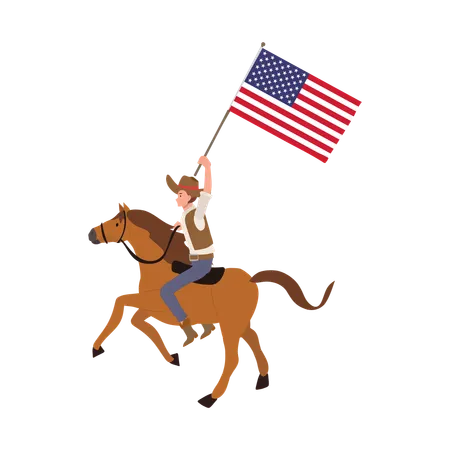 Cowboy a cavalo segurando a bandeira americana  Ilustração