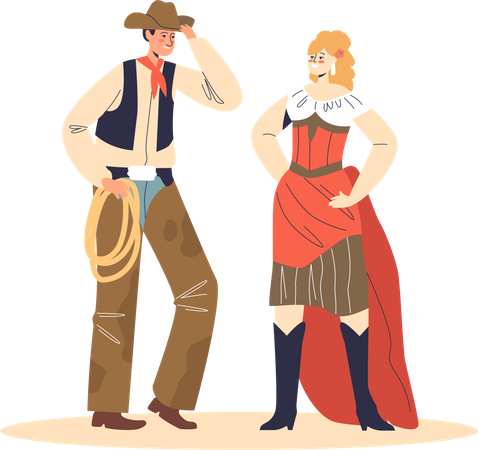 Cowboy and cabaret dancer standing together Illustration