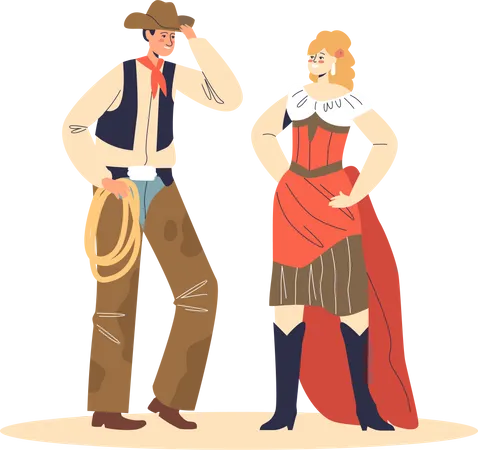 Cowboy and cabaret dancer standing together Illustration