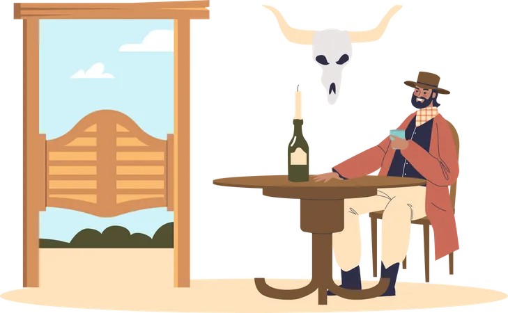 Cowboy at table drinking alcohol Illustration