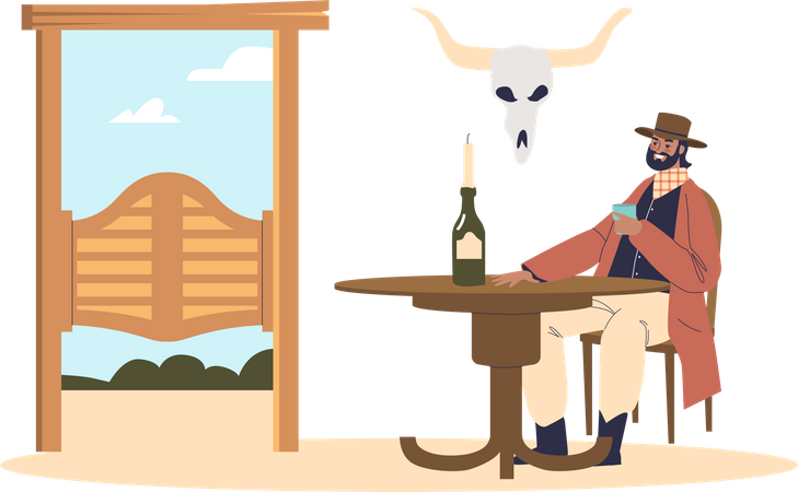 Cowboy at table drinking alcohol  Illustration