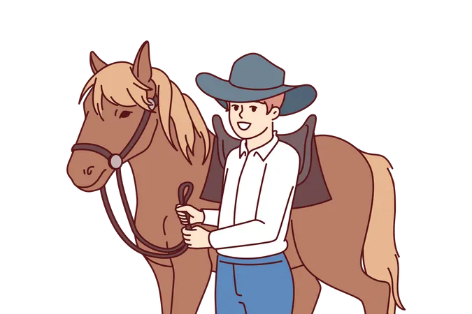 Un garçon de cowboy se tient à côté d'un cheval qui s'occupe d'un étalon et souhaite devenir jockey professionnel  Illustration