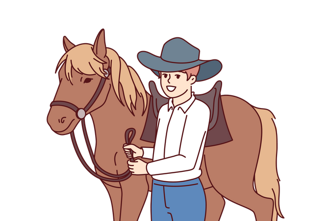 Garoto cowboy está ao lado de um cavalo cuidando de garanhão e querendo se tornar jóquei profissional  Ilustração