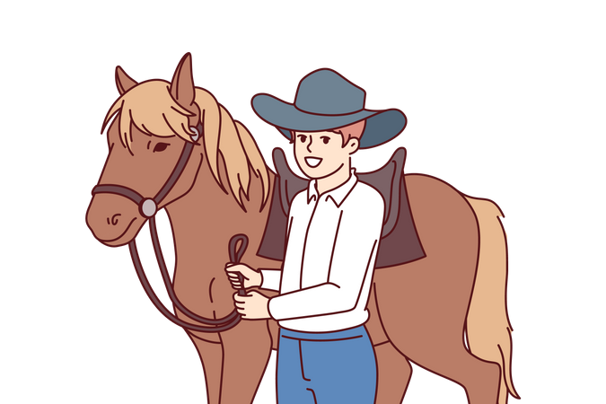 Cowboy boy is standing next to horse caring for stallion and wanting to become professional jockey  Illustration