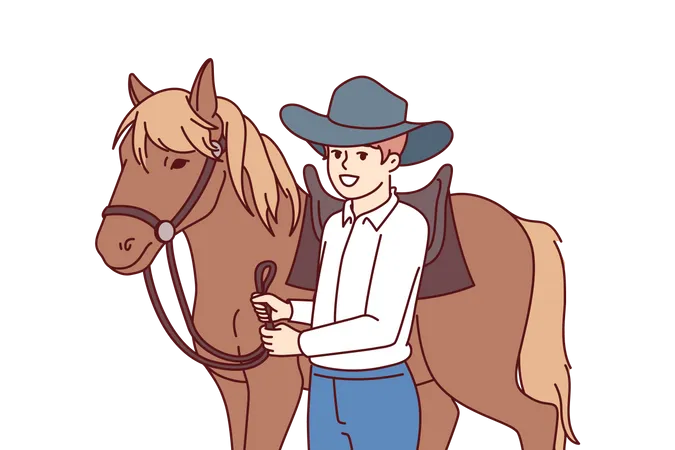 Cowboy Boy Is Standing Next To Horse Caring For Stallion And Wanting To Become Professional Jockey And Race Schoolboy Wearing Texas Ranger Hat Near Horse For Ride Or Competition At Racetrack Illustration