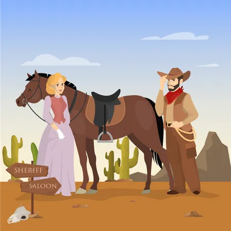 Paisagem Do Oeste Selvagem Personagem De Cowboy Com Cavalo E Senhora Em Lindo Vestido Roupa Ocidental Ilustracao Vetorial Em Estilo Cartoon Ilustração