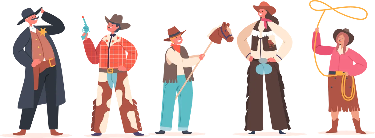 Crianças cowboys usam fantasias e chapéus tradicionais do Velho Oeste  Ilustração