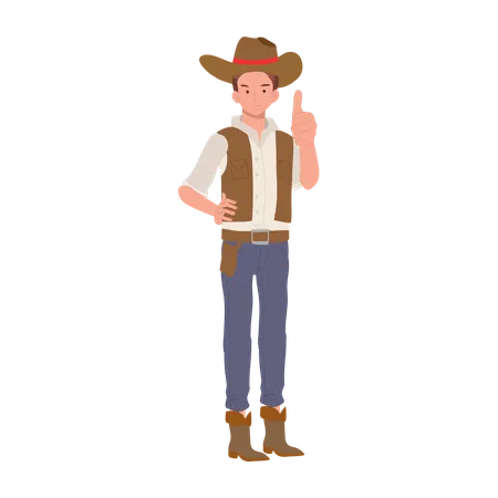 Cowboy de chapéu e botas dando sinal de positivo  Ilustração