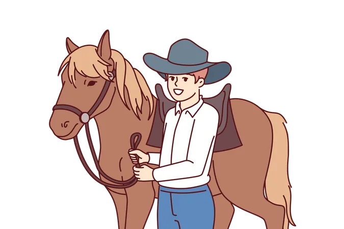 Cowboy está cuidando de seu cavalo  Ilustração