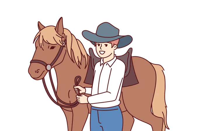 Cowboy Boy Is Standing Next To Horse Caring For Stallion And Wanting To Become Professional Jockey And Race Schoolboy Wearing Texas Ranger Hat Near Horse For Ride Or Competition At Racetrack イラスト