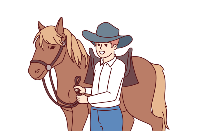 Cowboy is taking care of his horse  Illustration