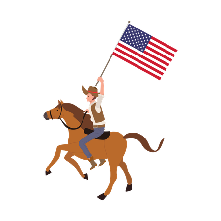 Cowboy on horseback holding american flag  일러스트레이션