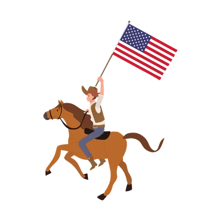 Wild West Adventure Full Length Cowboy On Horseback Holding American Flag Illustration