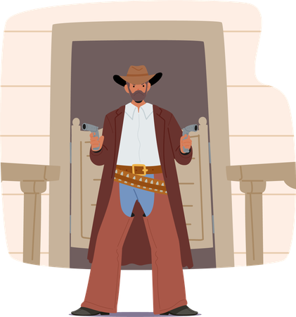 Cowboy Standing in Front of  Saloon Holding Two Guns  Illustration