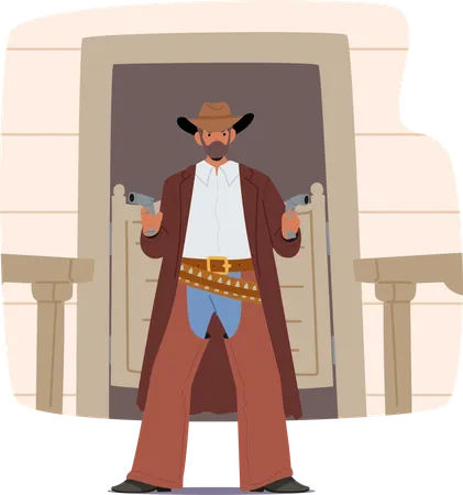 Cowboy Standing in Front of  Saloon Holding Two Guns  Illustration