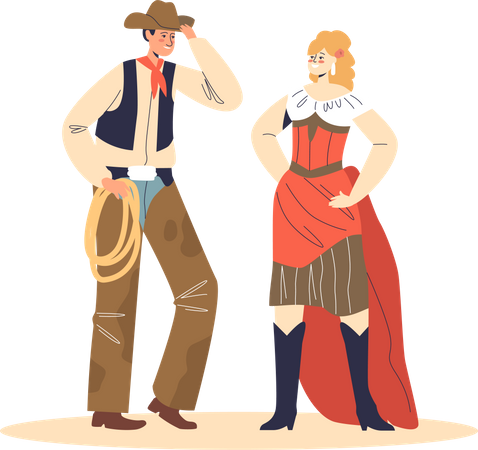 Cowboy und Kabarett-Tänzerin stehen zusammen  Illustration