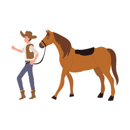 Cowboy walking with horse  Illustration