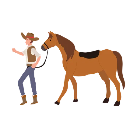 Western Lifestyle Flat Cartoon Cowboy Walking With Horse Illustration