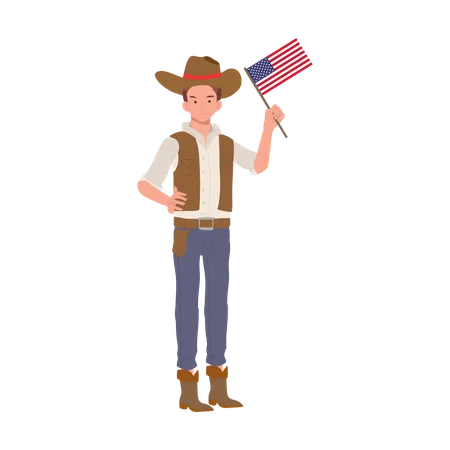 Patriotic Wild West Character Design Full Length Flat Cartoon Cowboy With American Flag Illustration