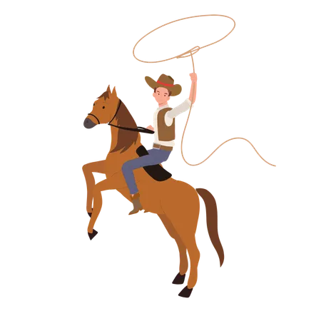 Vintage Western Cowboy With Lasso Riding Horse Flat Vector Cartoon Character Illustration Illustration