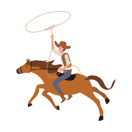 Vintage Western Cowboy With Lasso Riding Horse Flat Vector Cartoon Character Illustration Illustration