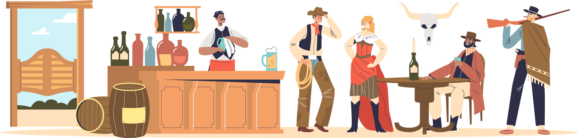 Cowboys em roupas ocidentais bebendo em pub retrô  Ilustração