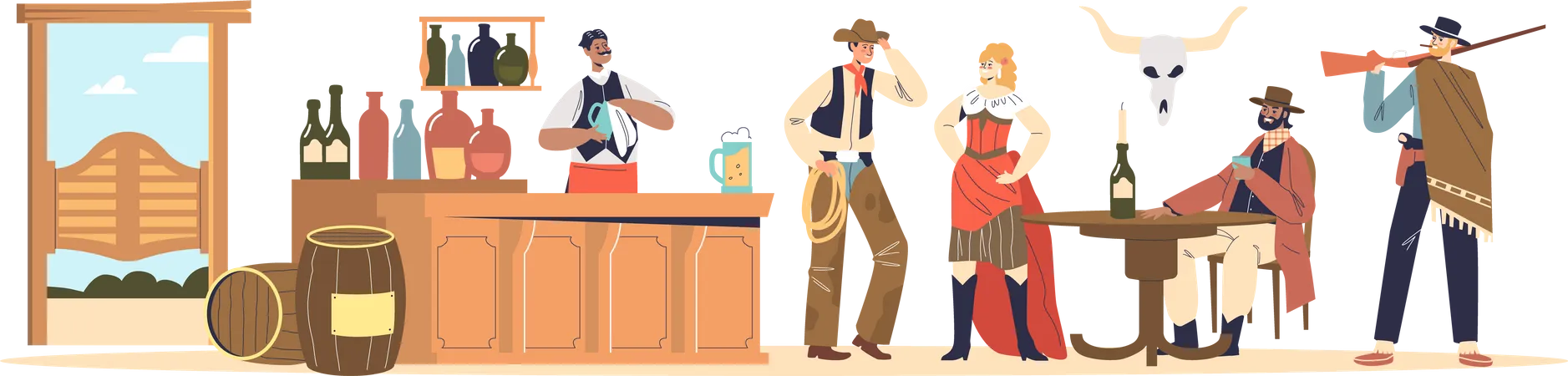 Cowboys em roupas ocidentais bebendo em pub retrô  Ilustração