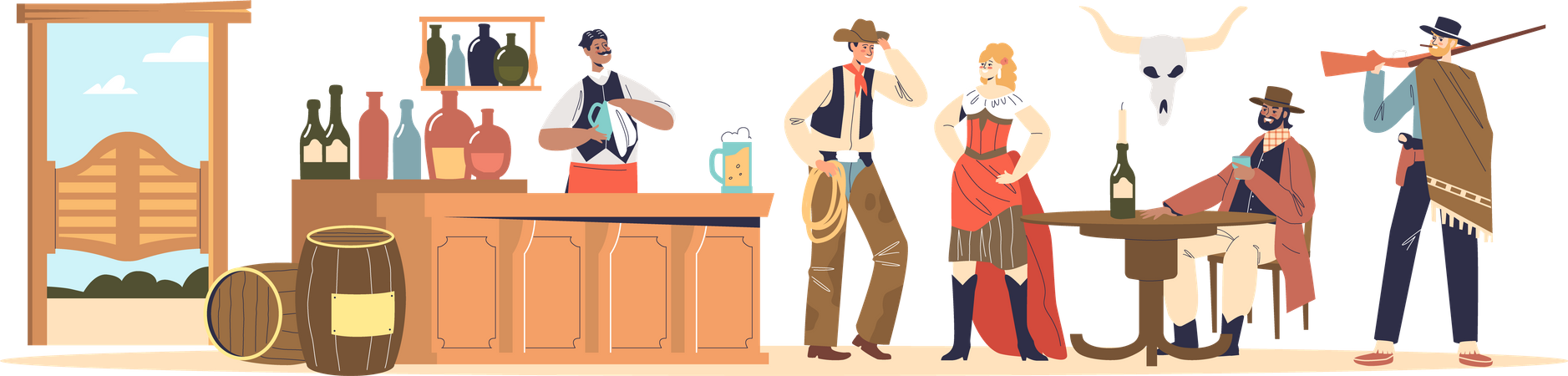 Cowboys in western clothes drinking in retro pub  Illustration