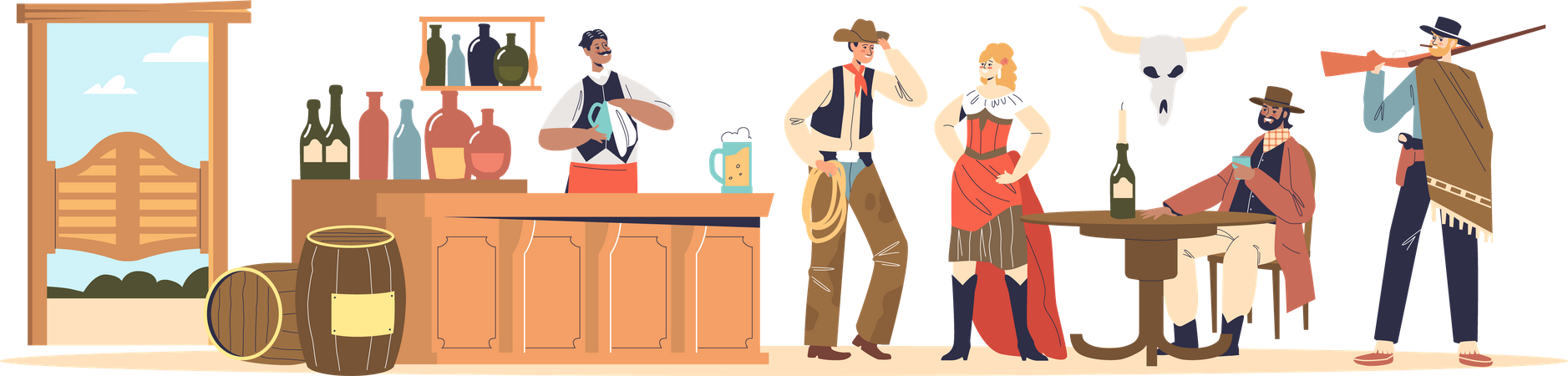 Cowboys in western clothes drinking in retro pub  Illustration