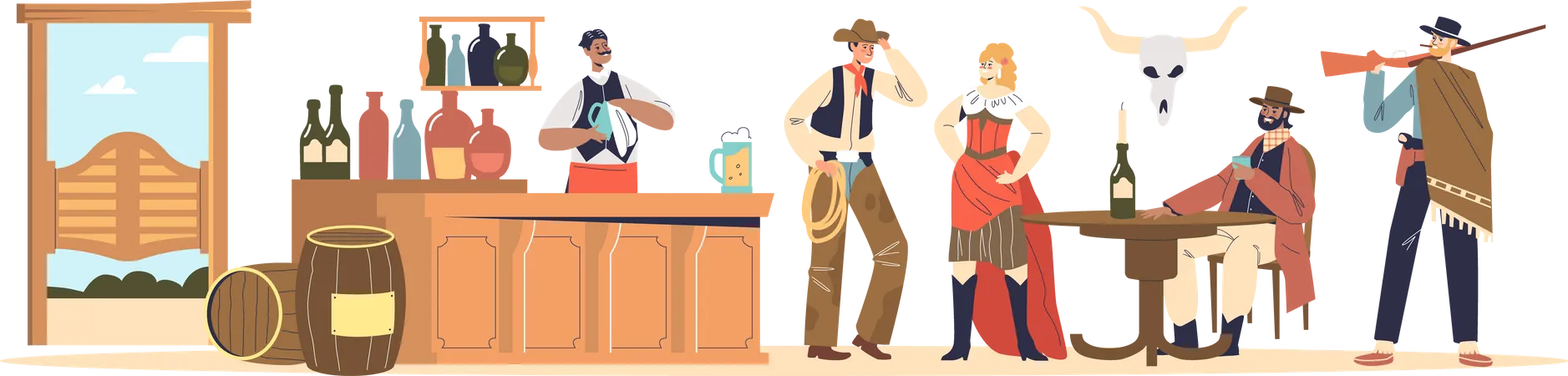 Cowboys in western clothes drinking in retro pub  Illustration