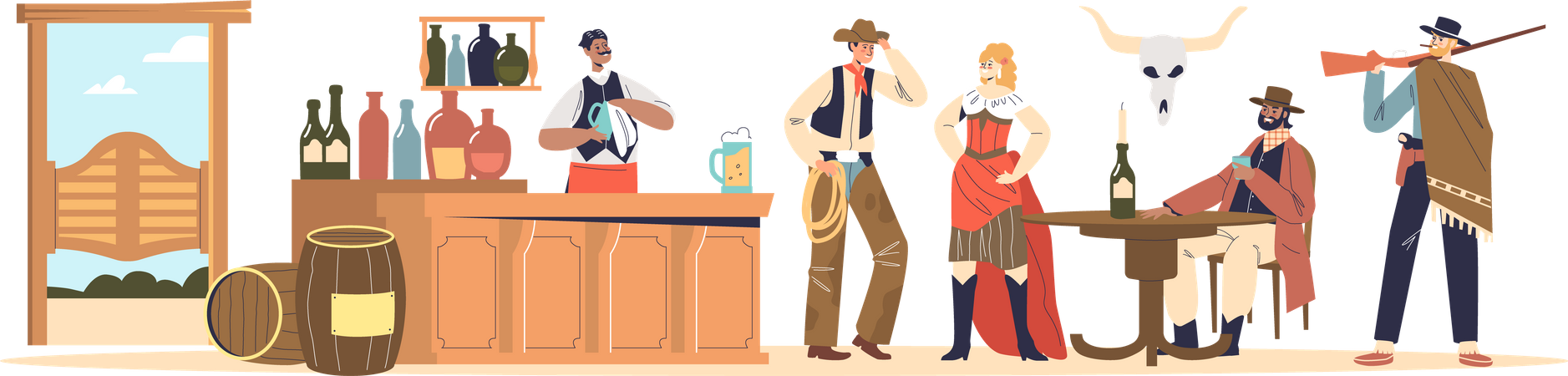 Cowboys in Westernkleidung trinken im Retro-Pub  Illustration
