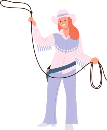 Young Pretty Cowwoman Cartoon Character Wearing Traditional Clothing Footgear Boots And Hat Throwing Lasso Rope Isolated On White Background Country Woman Rancher Twirling Noose Vector Illustration Illustration