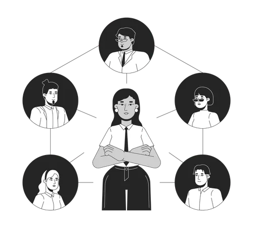 Coworkers Communication Black And White 2 D Illustration Concept Female Leader Interacting With Diverse Team Cartoon Outline Characters Isolated On White Network Metaphor Monochrome Vector Art Illustration