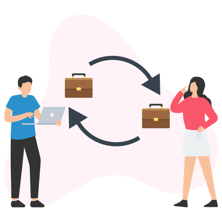 Coworkers exchanging briefcases using laptop and cloud technology  Illustration