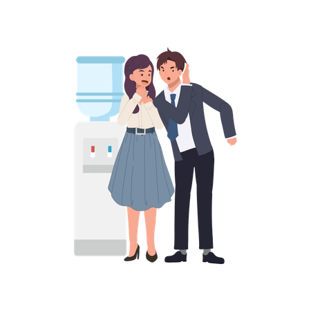 Coworkers gossiping near water cooler in office  Illustration